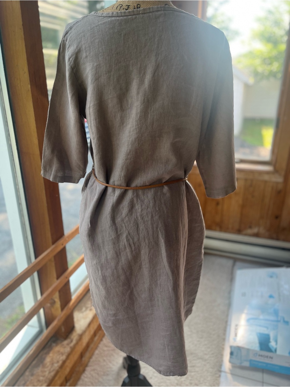 Women’s 100% Linen Belted Shift Dress - Taupe - m/l
